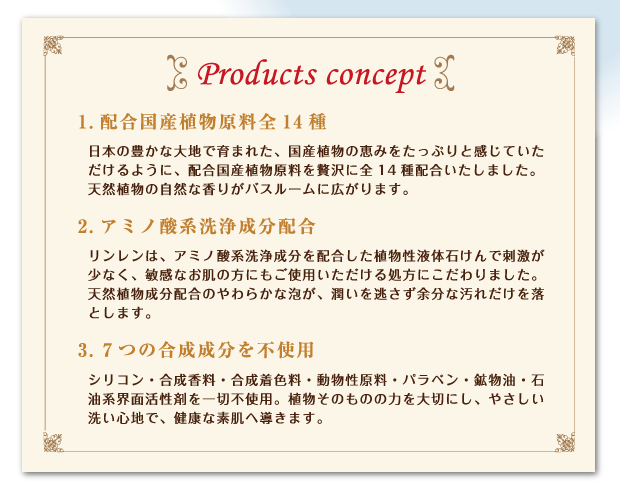 ≪Products concept≫1.配合国産植物原料全14種
日本の豊かな大地で育まれた、国産植物の恵みをたっぷりと感じていただけるように、配合国産植物原料を贅沢に全14種配合致しました。天然植物の自然な香りがバスルームに広がります。
2.アミノ酸系洗浄成分配合
リンレンは、アミノ酸系洗浄成分を配合した植物性液体石けんで刺激が少なく、敏感なお肌の方にもご使用いただける処方にこだわりました。天然植物成分配合のやわらかな泡が、潤いを逃さず余分な汚れだけを落とします。
3.7つの合成成分を不使用
シリコン・合成香料・合成着色料・動物性原料・パラベン・鉱物油・石油系界面活性剤を一切不使用。植物そのものの力を大切にし、やさしい洗い心地で、健康な素肌へ導きます。