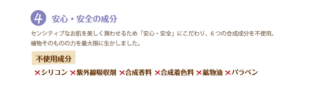 4．安心・安全の成分
センシティブなお肌を美しく潤わせるため「安心・安全」にこだわり、6つの合成成分を不使用。植物そのものの力を最大限に生かしました。〈不使用成分〉×紫外線吸収剤　×シリコン　×合成香料　×合成着色料　×鉱物油　×パラベン