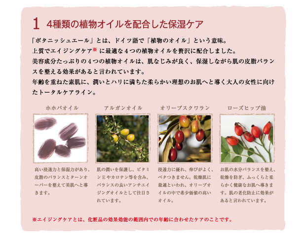Brand concept1 4種類の植物オイルを配合した保湿ケア
「ボタニッシュエール」とは、ドイツ語で「植物のオイル」という意味。上質でエイジングケア※に最適な４つの植物オイルを贅沢に配合しました。美容成分たっぷりの4つの植物オイルは、肌なじみが良く、保湿しながら肌の皮脂バランスを整える効果があると言われています。年齢を重ねた素肌に、潤いとハリに満ちた柔らかい理想のお肌へと導く大人の女性に向けたトータルケアライン。